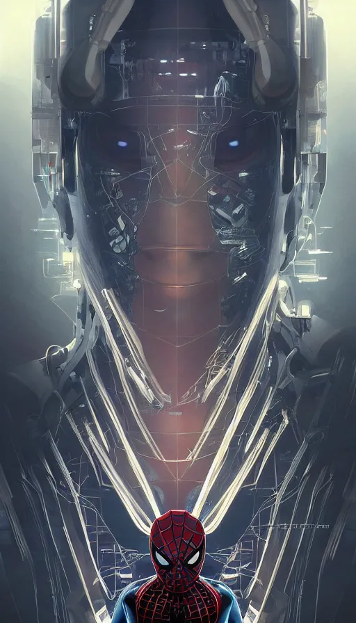 Image similar to spiderman as a robot, cyberpunk machine, machine face, robed, upper half portrait, decorated, intricate intense elegant highly detailed digital painting artstation concept art smooth sharp focus illustration, art by artgerm and greg rutkowski alphonse mucha 8 k