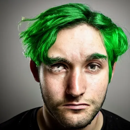 Image similar to a sad man with green hair