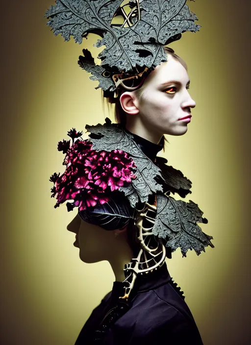 Prompt: kodak portra 4 0 0, masterpiece profile portrait, dutch masters, silver lace floral steampunk biomechanical beautiful young female cyborg, big monocular, volumetric light, leaves foliage and stems, hibiscus flowers, by cecile beaton, matt colours, big gothic fashion pearl embroidered collar, 8 k