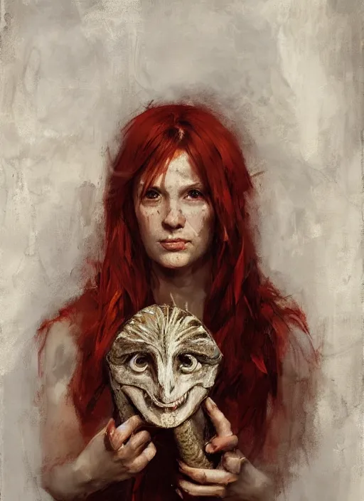 Prompt: portrait painting of beautiful red head ancient irish celtic priestess holding a velociraptor skull, by jeremy mann, only one head single portrait