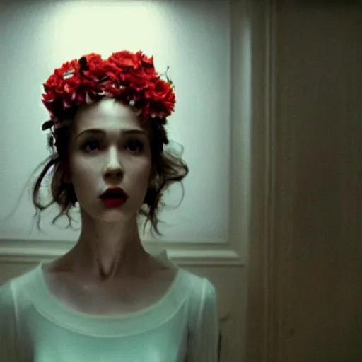 Prompt: movie still of the girl with the flowers head, cinematic composition, cinematic light, by edgar wright and david lynch, horror cinema