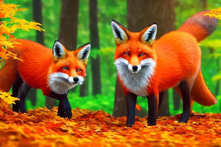 Image similar to super detailed color lowpoly art, red fox in an autumn maple forest, unreal engine, retrowave color palette, 3 d render, lowpoly, colorful, digital art, perspective