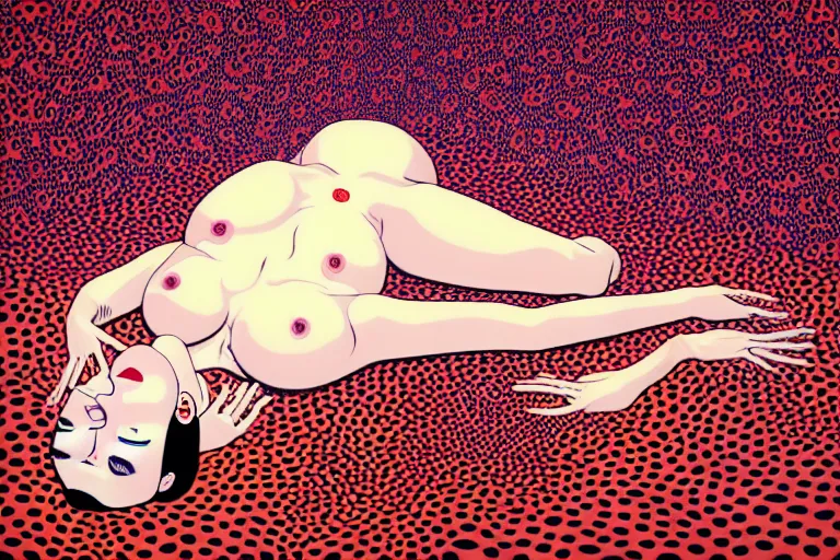 Image similar to realistic detailed image of a woman laying down in a padded room, conjuring psychedelic background, part by takato yamamoto, part by yayoi kusama, part by alex gray, ross tran, james jean, ultra realistic, highly detailed, 8 k, trending on artstation, very cohesive, masterpiece