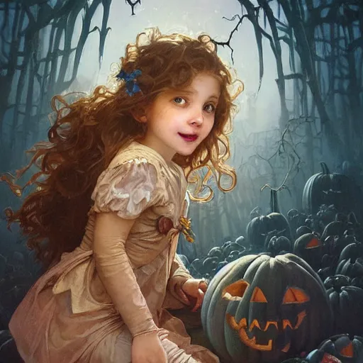 Image similar to a cute happy little girl with light brown wavy curly hair and blue eyes sitting amidst piles of skulls and pumpkins. beautiful cute highly detailed face. spooky halloween themed painting by artgerm and greg rutkowski and alphonse mucha.