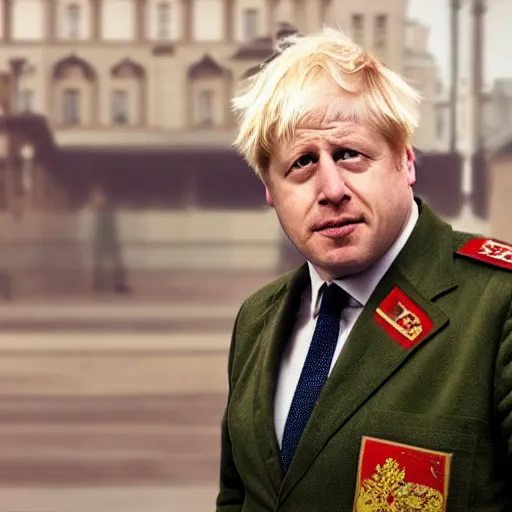 Image similar to boris johnson with ussr military uniform on in kyiv, realistic, long shot, sunny lighting, octane render, gq magazine, hyper realistic, high quality, highly detailed, hd, beautiful, cinematic, 8 k, unreal engine, facial accuracy,