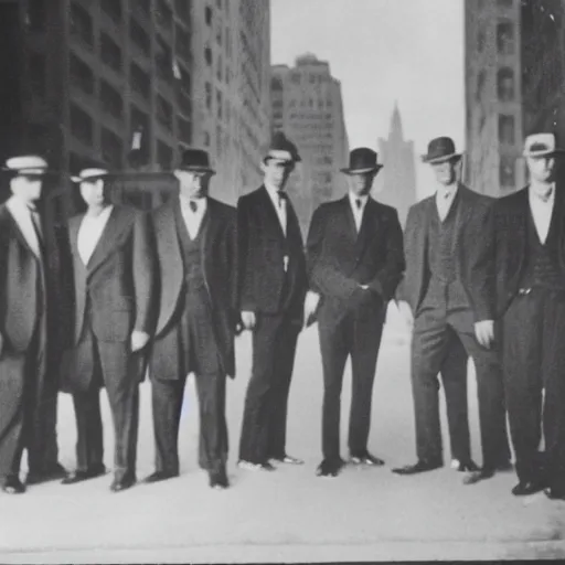 Image similar to 1930s photograph of a new-york mafia gang, staring straight at the camera, film grain, slightly blurry, highly realistic, ominous, dramatic lighting, confident poses