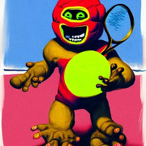 Image similar to a tennis ball monster ,tennis ball, lucha libre chalk digital art, fantasy, magic, trending on artstation, ultra detailed, professional illustration by Basil Gogos