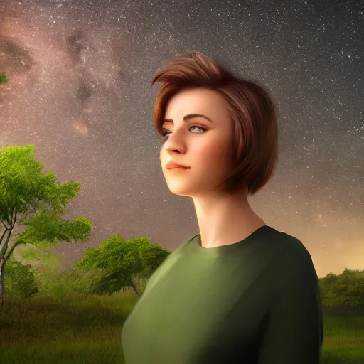 Image similar to an hd photo of a young woman with short brown hair and green eyes, beautiful trees in the background, night sky with stars and galaxies, trending on artstation