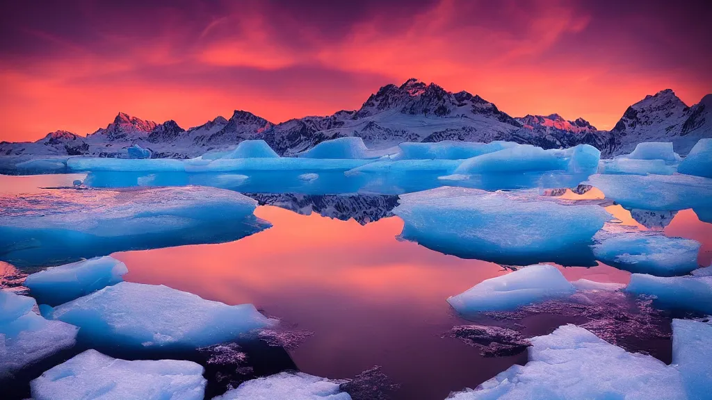 Image similar to amazing landscape photo of polar light with lake in sunset by marc adamus, beautiful dramatic lighting