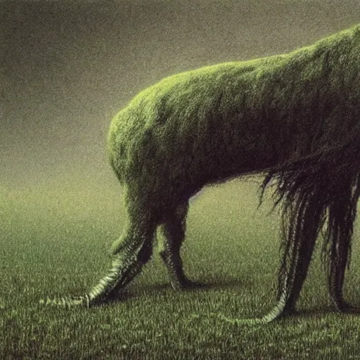 Image similar to A scary animal like creature standing in a lush green field, drawing by Beksinski