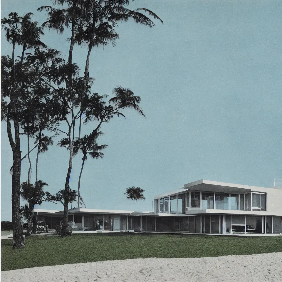 Image similar to architecture ad for a mid-century modern house on the beach, designed by Miles van der rohe. Film grain, cinematic, colorized, blue hue