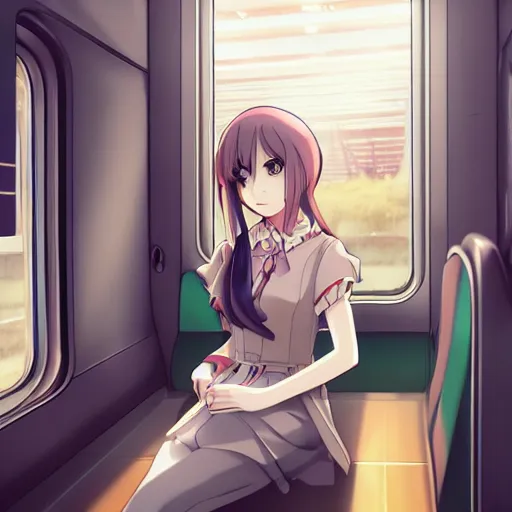 Image similar to portrait of the lone girl sitting in train carriage, anime fantasy illustration by tomoyuki yamasaki, kyoto studio, madhouse, ufotable, trending on artstation