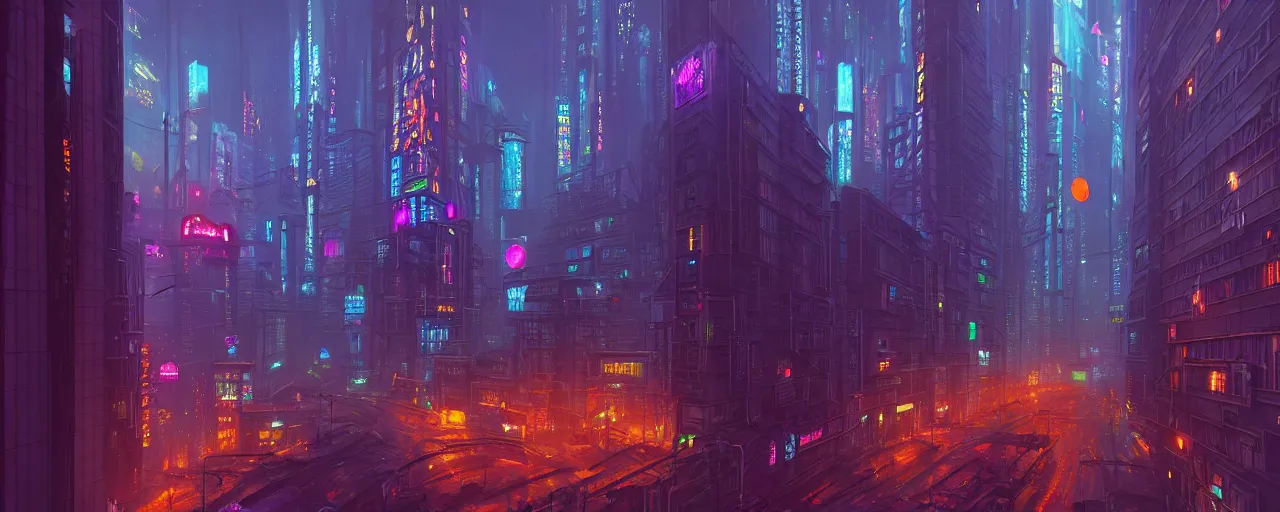 Prompt: A cyberpunk cityscape, by Evgeny Lushpin, dramatic lighting, high contrast colors, panoramic view, as trending on Artstation, highly detailed,