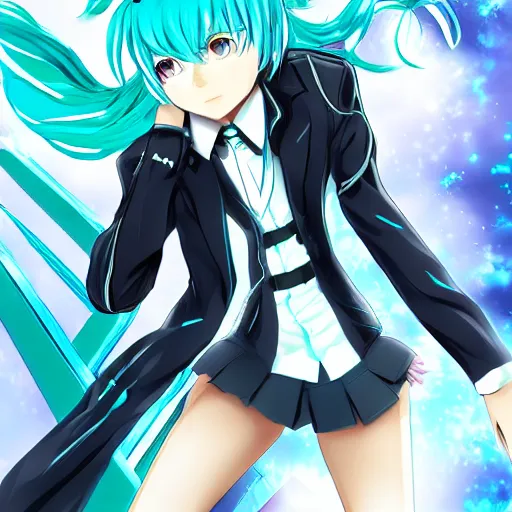 Prompt: digital art of Hatsune Miku as Psycho-Pass character with dominator, anime art, high quality, trending on Artstation
