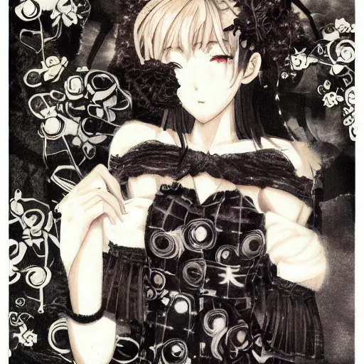 Image similar to realistic illustration of an anime girl with short white hair and black eyes wearing tuxedo in the style of yoshitaka amano, floral black and white patterns on the background, noisy film grain effect, highly detailed, Renaissance oil painting