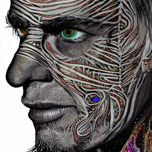 Image similar to dark portrait of one Bioluminescent old shaman, with cracked reaction diffusion semi-transparent skin. multicolored fish scales, closeup. long dark hair with insects. realistic. intricate, very detailed, by alex grey and Moebius