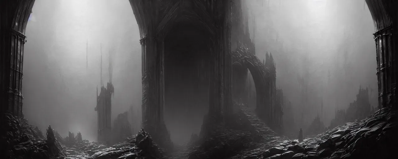 Image similar to a digital concept art by gustave dore and greg rutkowski, trending on artstation. dante's divine comedy, dark fantasy cave palace of bad omens, a iron throne, white stone steps seeping magma. fier in fog. light effect. 3 d, octane render, unreal engine. mist.