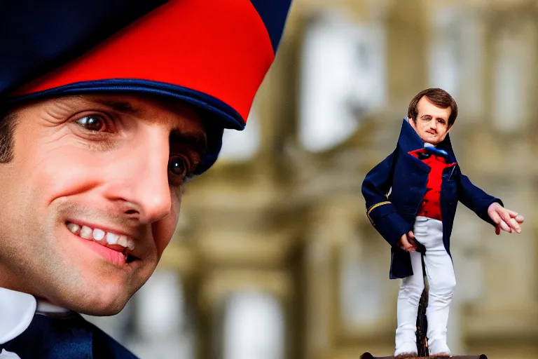 Image similar to closeup portrait of a tiny emmanuel macron dressed as napoleon standing on a desk, paris background, macro photo, bokeh, natural light, sharp, detailed face, magazine, press, steve mccurry, david lazar, canon, nikon, focus