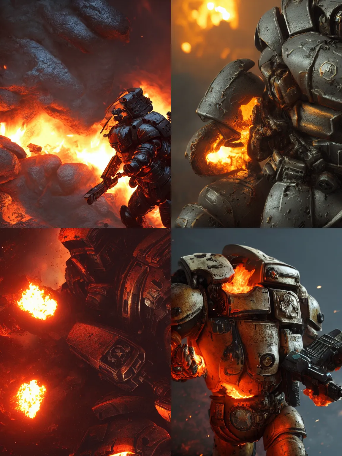 Prompt: a photo of 8k ultra realistic space marine decaying, fire, cinematic lighting, trending on artstation, 4k, hyperrealistic, focused, extreme details, unreal engine 5, cinematic, masterpiece
