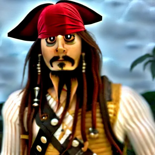 Prompt: mr. bean as jack sparrow from pirates of the carribean. movie still. cinematic lighting.