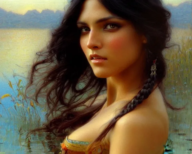 Image similar to attractive tan women with long black hair in a beautiful lake. highly detailed painting by gaston bussiere, craig mullins, j. c. leyendecker 8 k