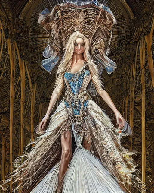 Prompt: fashion model walking down a catwalk, elaborate dress by alexander mcqueen, beautiful feminine face, art by michael whelan and chris moore and howard david johnson and tim white and dan giancola