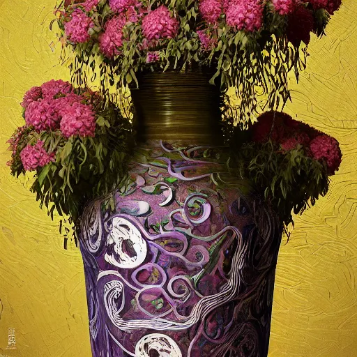 Image similar to biomorphic painting of a vase with flowers, au naturel, hyper detailed, digital art, trending in artstation, cinematic lighting, studio quality, smooth render, unreal engine 5 rendered, octane rendered, art style by klimt and nixeu and ian sprigger and wlop and krenz cushart