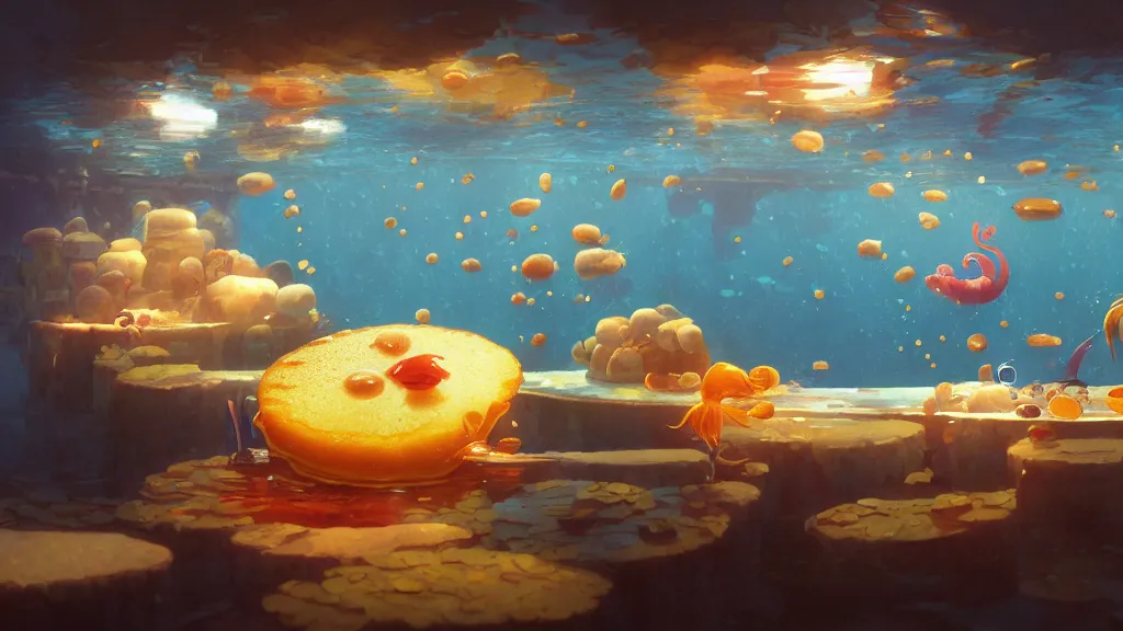 Image similar to digital underwater art of a happy flat pancake fish swimming in syrup, cute, 4 k, fish made of pancake, fantasy food world, living food adorable pancake, vivid atmospheric lighting, by makoto shinkai, studio ghibli, greg rutkowski, ross tran