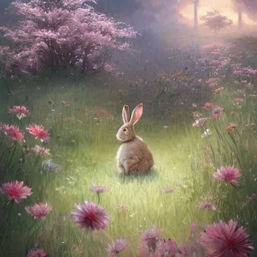 Image similar to a rabbit in a field of beautiful flowers, by stanley lau and greg rutkowski