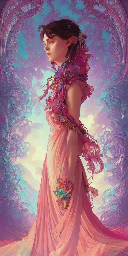 Image similar to beautiful, young woman, sad eyes, tears running down, vaporwave aesthetic, synthwave, colorful, psychedelic, long gown, ornate, intricate, digital painting, artstation, concept art, smooth, sharp focus, illustration, art by artgerm and greg rutkowski and alphonse mucha