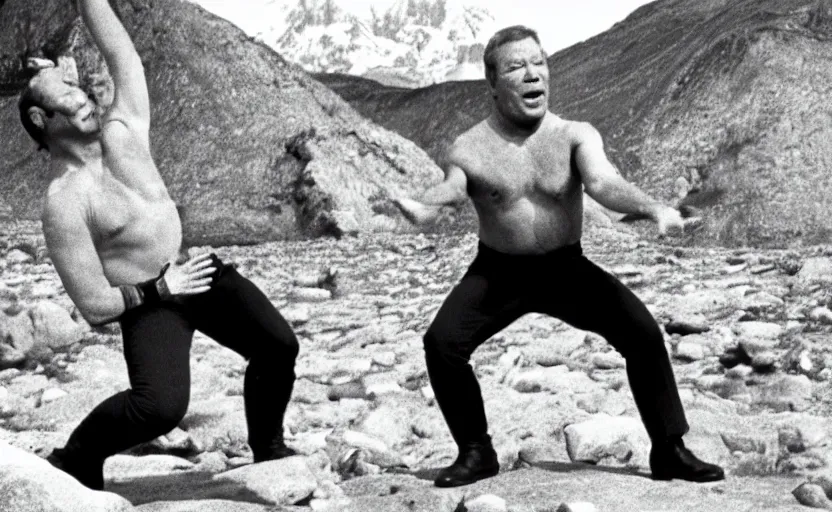 Prompt: william shatner on his kneeds awkwardly gyrating his hips against a rock, trying to make passionate love to the mountain, photo from the set of star trek 1970, 35mm television film