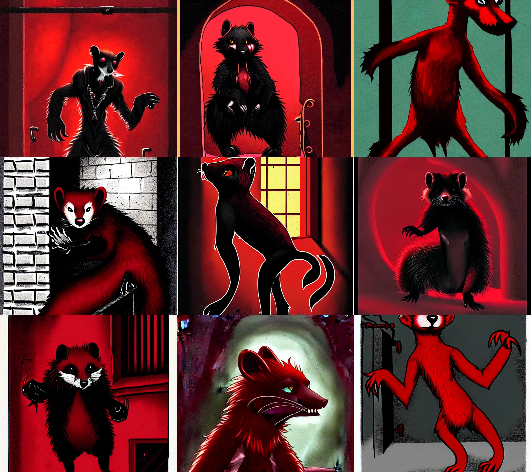 Prompt: vampire : the masquerade ( world of darkness ) source book illustration of an anthropomorphic red - black furry weasel - ferret - stoat fursona ( from the furry fandom ) in prisoner's regalia, in a prison cell, scratching at the walls