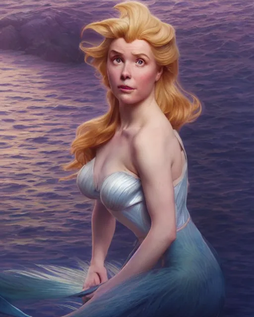 Image similar to Portrait of a  blonde lady and Michael mcintyre as characters in the Little Mermaid,real life skin, intricate, elegant, highly detailed, artstation, concept art, smooth, sharp focus, art by artgerm and greg rutkowski and alphonse mucha