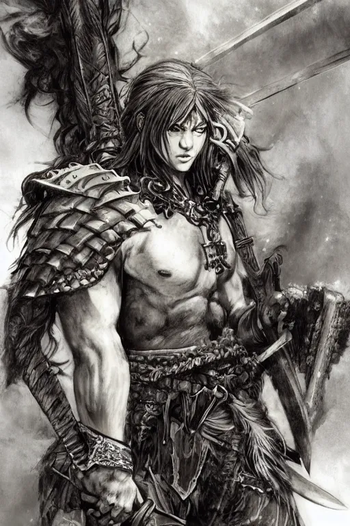 Image similar to A realistic anime portrait of a young handsome male barbarian with long wild hair, intricate fantasy spear, plated armor, D&D, dungeons and dragons, tabletop role playing game, rpg, jrpg, digital painting, by Frank Frazetta, concept art, highly detailed, promotional art, HD, digtial painting, trending on ArtStation, golden ratio, rule of thirds, SFW version