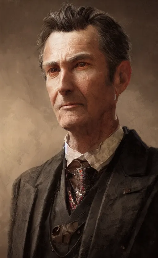 Prompt: official portrait of a middle aged man wearing a waistcoat, male, detailed face, victorian, highly detailed, cinematic lighting, digital art painting by greg rutkowski