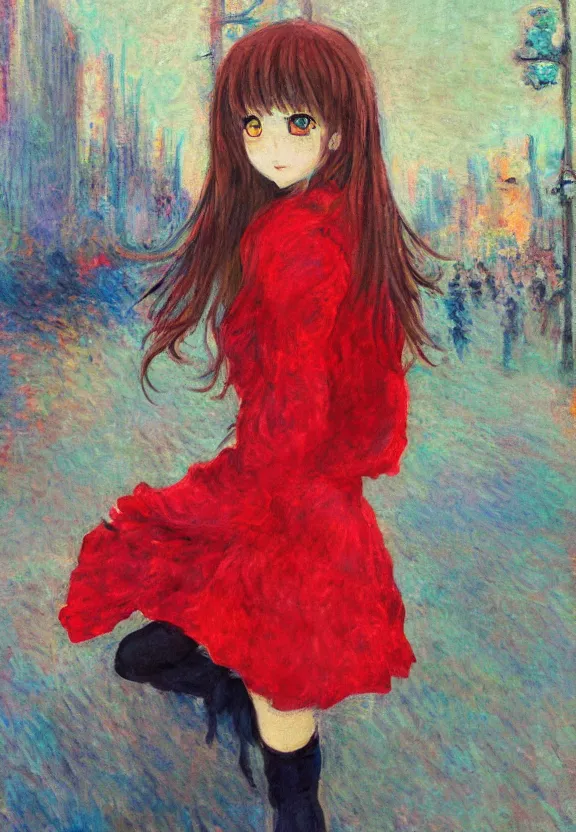 Image similar to macro portrait of a teenage girl, a cute red outfit, tokyo anime scene, very anime in impressionist style, anime trending artwork, anime painter studio, by claude monet