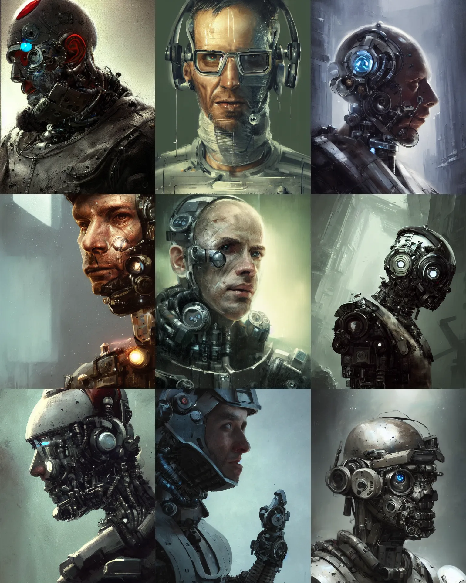 Prompt: a small half - masked rugged laboratory engineer man with cybernetic enhancements as seen from a distance, scifi character portrait by greg rutkowski, esuthio, craig mullins, 1 / 4 headshot, whitespace, cinematic lighting, dystopian scifi gear, gloomy, profile picture, mechanical, cyborg, half robot, implants, dieselpunk