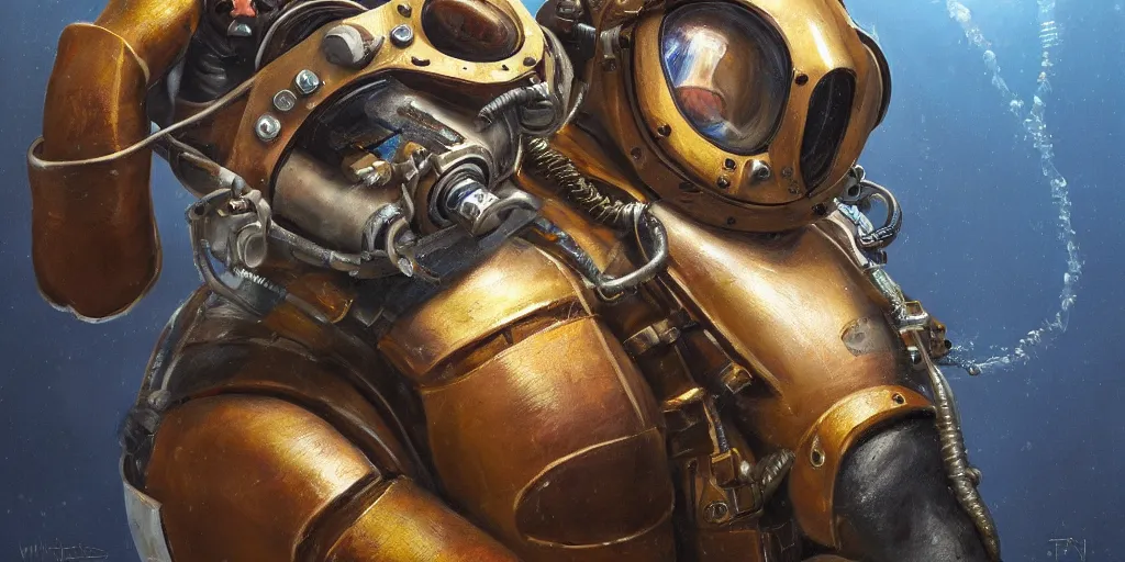 Prompt: highly detailed portrait painting of welder stallone in atmospheric diving suit, by eddie mendoza and tyler edlin, windows, 8 k resolution