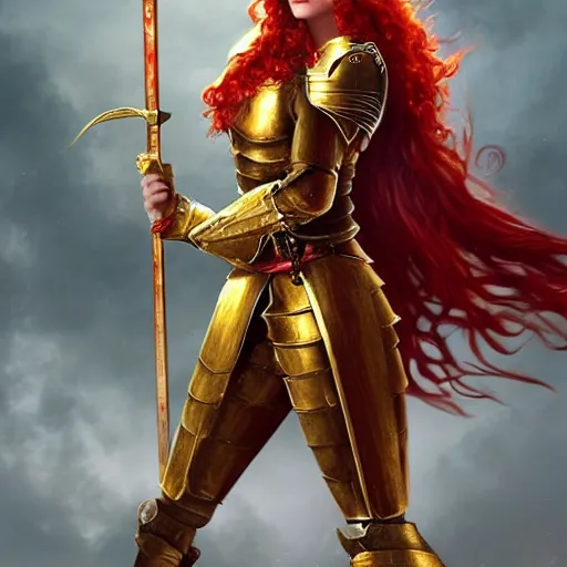 Image similar to a tall, red - haired female knight wearing golden armor with a long left arm golden prothesis, she wields a long golden blade