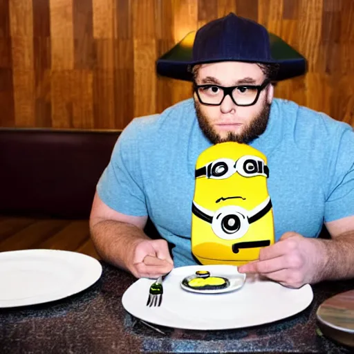 Prompt: seth rogan holding a fork and knife, about to eat a minion that is on the plate in front of him, seated in a restaurant