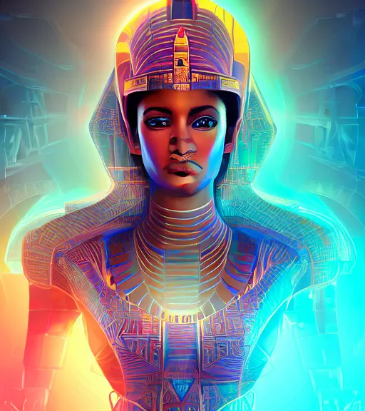 Image similar to symmetry!! egyptian princess of technology, solid cube of light, hard edges, product render retro - futuristic poster scifi, lasers and neon circuits, brown skin woman egyptian princess, intricate, elegant, highly detailed, digital painting, artstation, concept art, smooth, sharp focus, illustration, dreamlike, art by artgerm