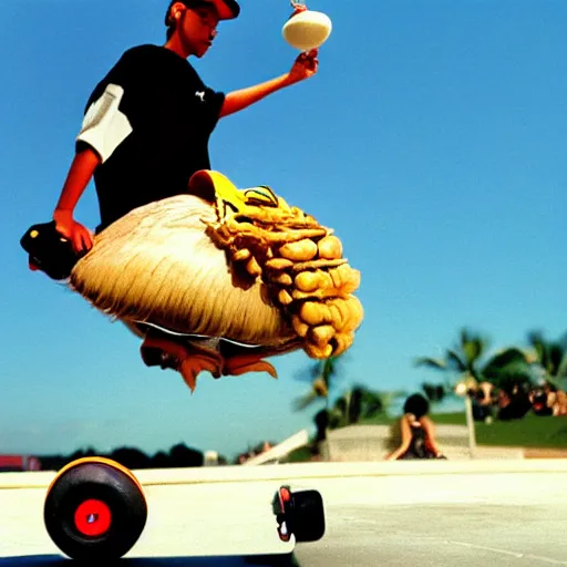 Image similar to a dodo wearing a gold chain around its neck and baseball cap, on a hovering hoverboard at a skate park near the beach, 1990s cartoon