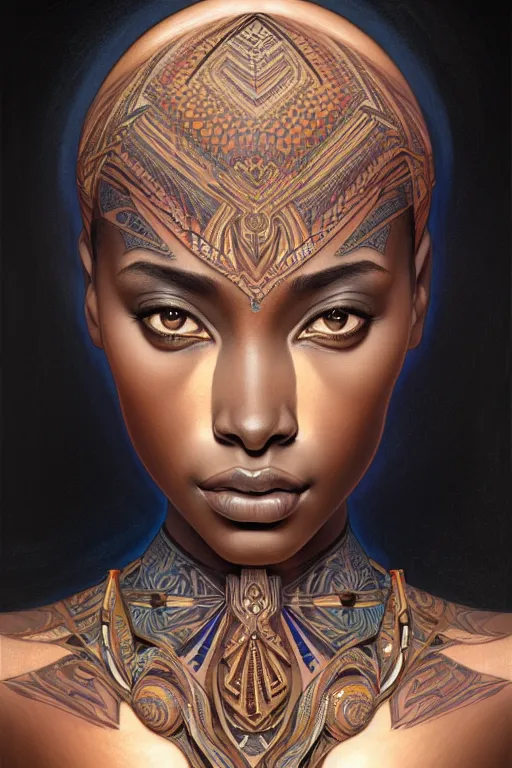 Image similar to symmetrical body portrait of beautiful nubian tribal tattooed young woman, intricate, elegant, highly detailed, digital painting, artstation, concept art, smooth, sharp focus, illustration, art by artgerm and greg rutkowski and alphonse mucha, 8 k