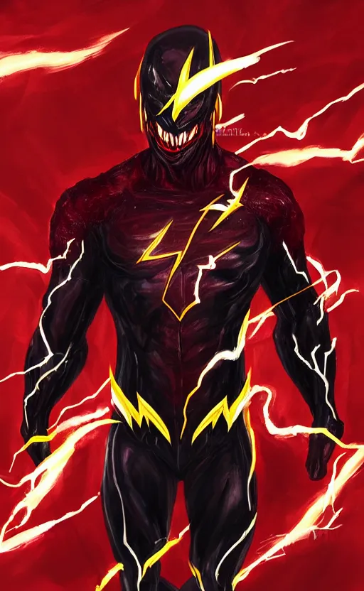 Image similar to full body portrait of venom as the flash, black and red, dynamic lighting, cinematic, ultra detailed, trending on art station, stunning visuals, creative, fantasy concept art