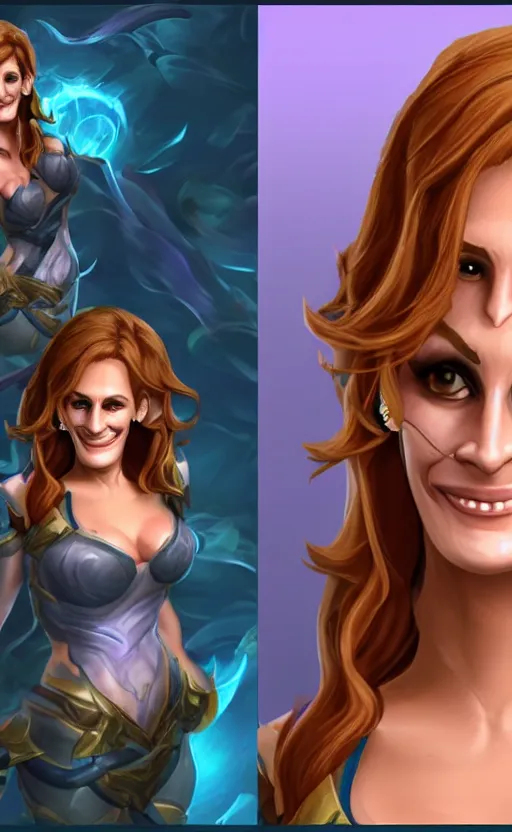 Prompt: Julia Roberts as a character in the game League of Legends, with a background based on the game League of Legends, detailed face, old 3d graphics