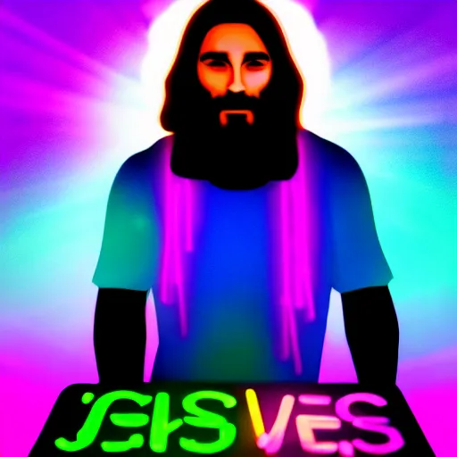 Image similar to jesus christ as a rave party dj, neon lights, detailed illustration, perfect face, 8 k