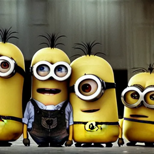 Image similar to the movie se7en!!!!!!!!! starring minions, movie still, directed by David fincher