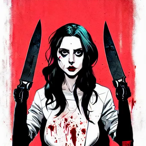 Prompt: Rafael Albuquerque comic cover art, loish, artgerm, pretty female Alison Brie serial killer holding bloody knife, blood on clothes and face, sarcastic smile, symmetrical eyes, symmetrical face, full body, jean jacket, jeans, short blonde hair, middle shot, highly saturated, deep blacks