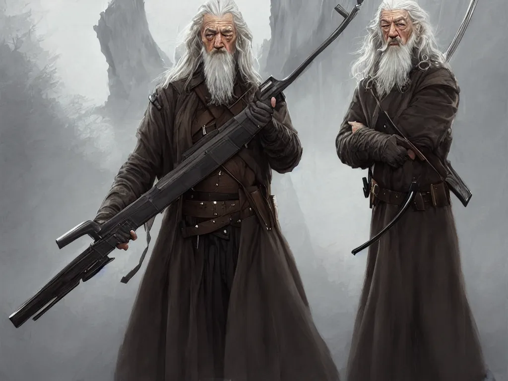 Prompt: policeman gandalf looking quizzically at an ak - 4 7 that he's holding up, art by artgerm and greg rutkowski and magali villeneuve, d & d, fantasy, highly detailed, digital painting, trending on artstation, concept art, sharp focus, illustration