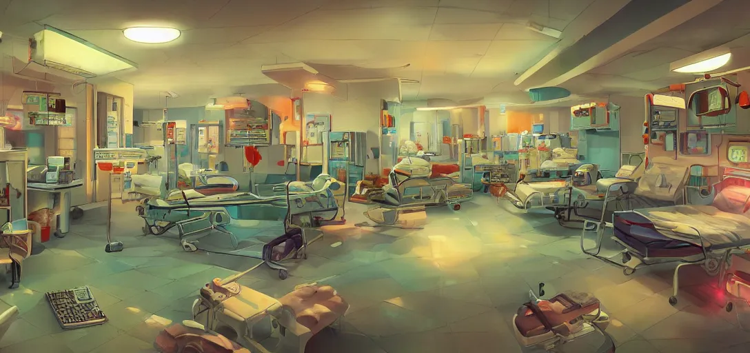 Image similar to retro hospital concept art, colorful, 8 k photorealistic, hd, high details, trending on artstation